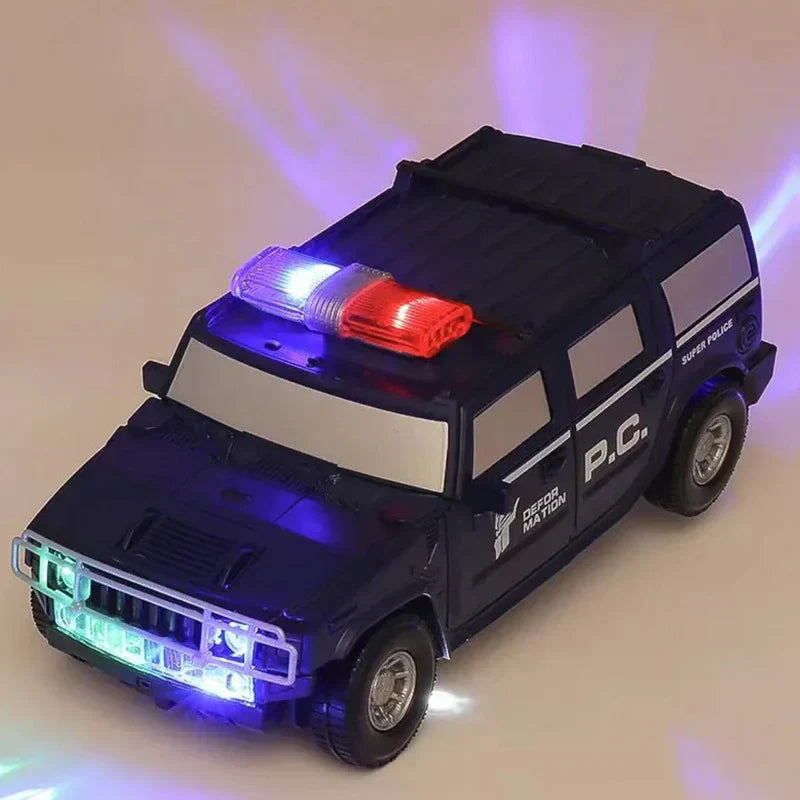 Fitlybuy blue police toy car with red, blue, and white flashing LED lights that transforms into a robot.