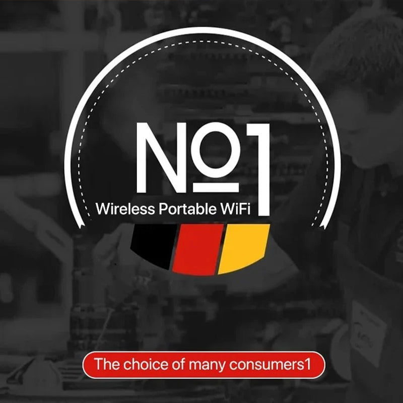 Fitlybuy WiFi Pro badge logo with German flag colors, text "No 1 Wireless Portable WiFi" on a dark, blurred background.