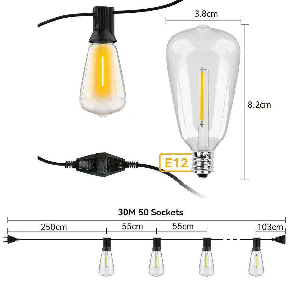 Fitlybuy weatherproof LED string lights: 30m cord, 50 E12 sockets, and warm filament-style bulbs with measurements.