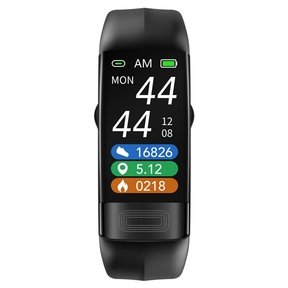 Black Fitlybuy Kexi-Life P11 smart bracelet with health tracking display showing steps, distance, and calories burned.