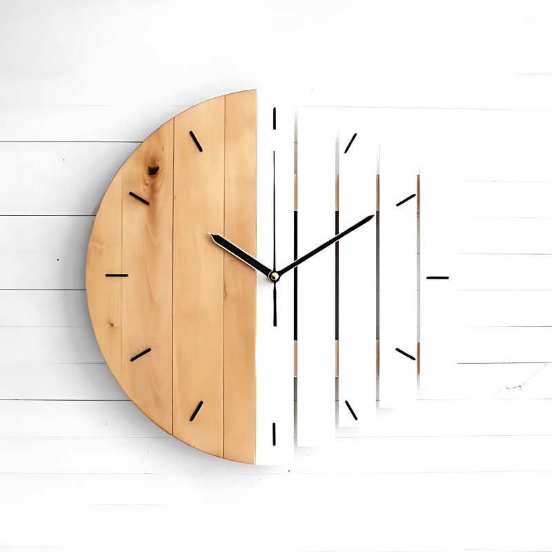 Fitlybuy minimalist wall clock featuring split natural wood and white slatted design with black hands on white wall.