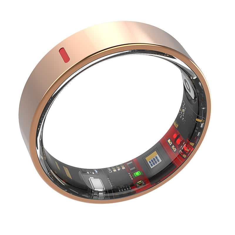 Rose gold Kexi-Life R03 smart ring showing interior biometric health sensors and LED indicators on a white background.