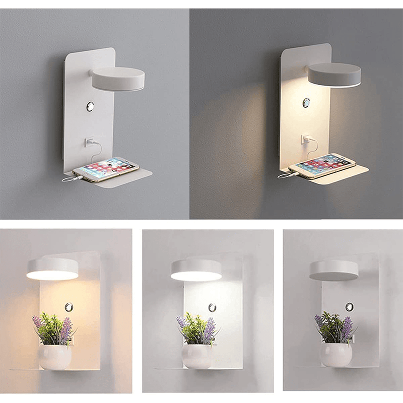 White wall-mounted Fitlybuy BrightSpot lamp with 330° rotating LED light, USB-C charging dock, and small storage shelf.
