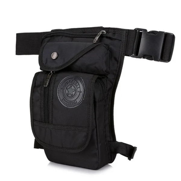 Black waterproof Fitlybuy motorcycle thigh bag with adjustable waist straps, zippered pockets, and a round logo patch.