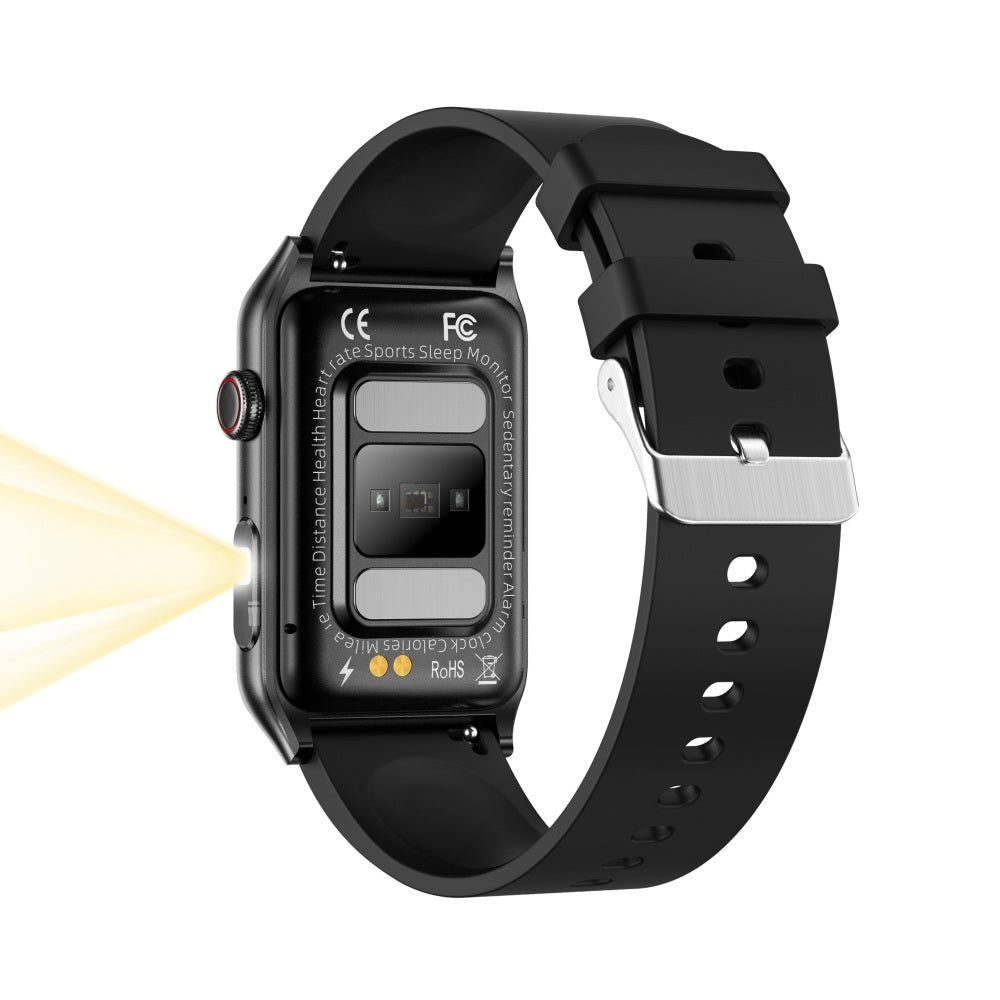 Fitlybuy Kexi-Life black smartwatch showing health sensors and an active side-mounted flashlight beam.