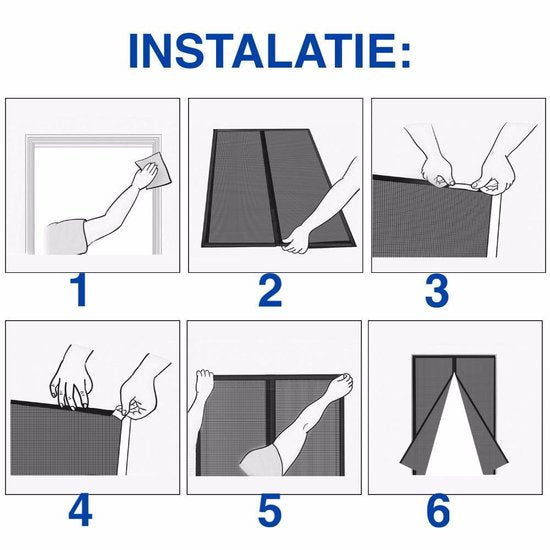 Six-step instructional diagram for installing a black magnetic BugGuard mesh fly screen door.