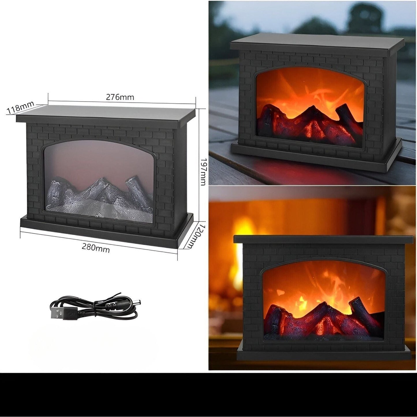 Fitlybuy black brick LED fireplace lantern with realistic flickering flames and USB cable, showing dimensions and usage.