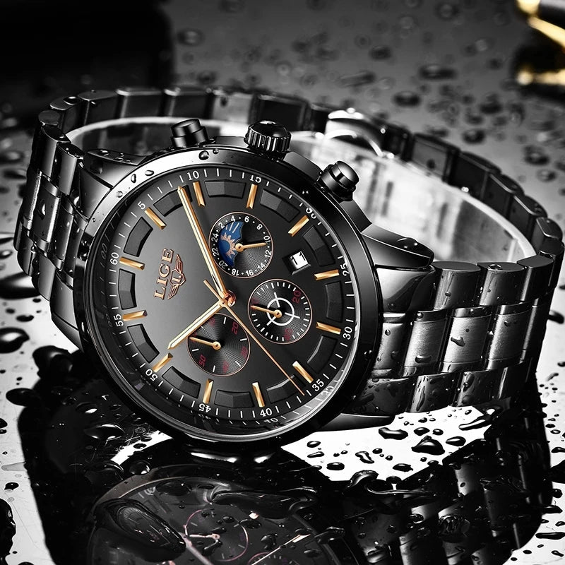 Fitlybuy VanguardTime black steel military watch with gold accents and chronograph, set on a wet reflective surface.