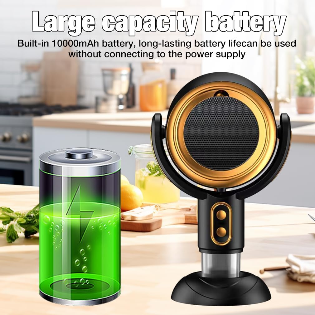 Fitlybuy portable black and gold range hood with a 10000mAh battery icon, displayed on a modern kitchen countertop.