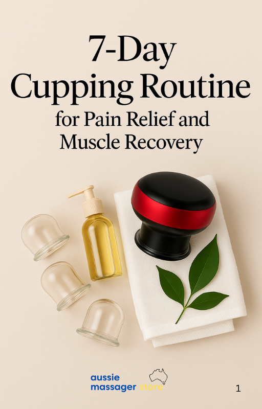 Fitlybuy cupping kit: black and red electric cupper, three glass cups, oil bottle, and towel for muscle recovery.