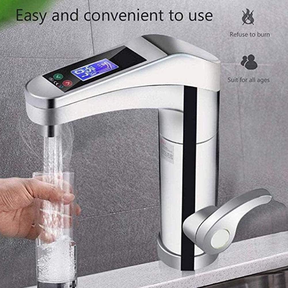 Silver electric instant hot water tap dispensing water into a glass, featuring a digital LED temperature display.