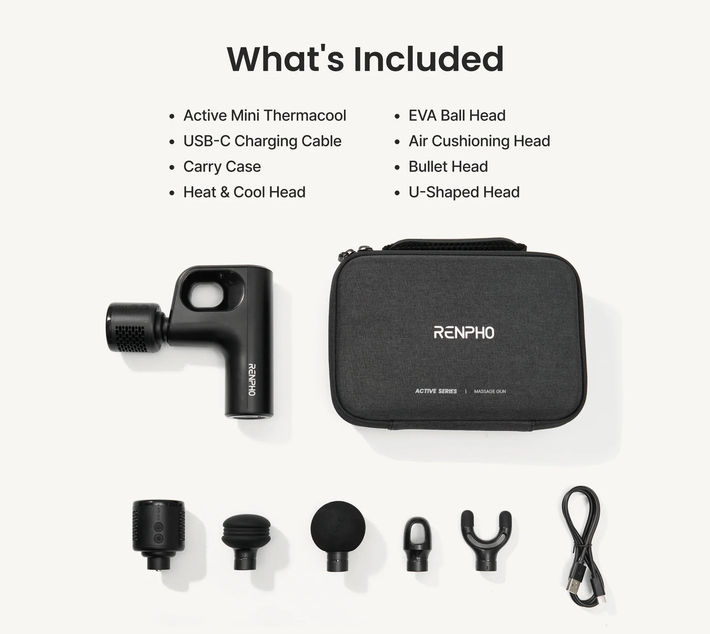 Fitlybuy Active Mini Thermacool massage gun with carry case, USB-C cable, and four interchangeable massage head attachments.