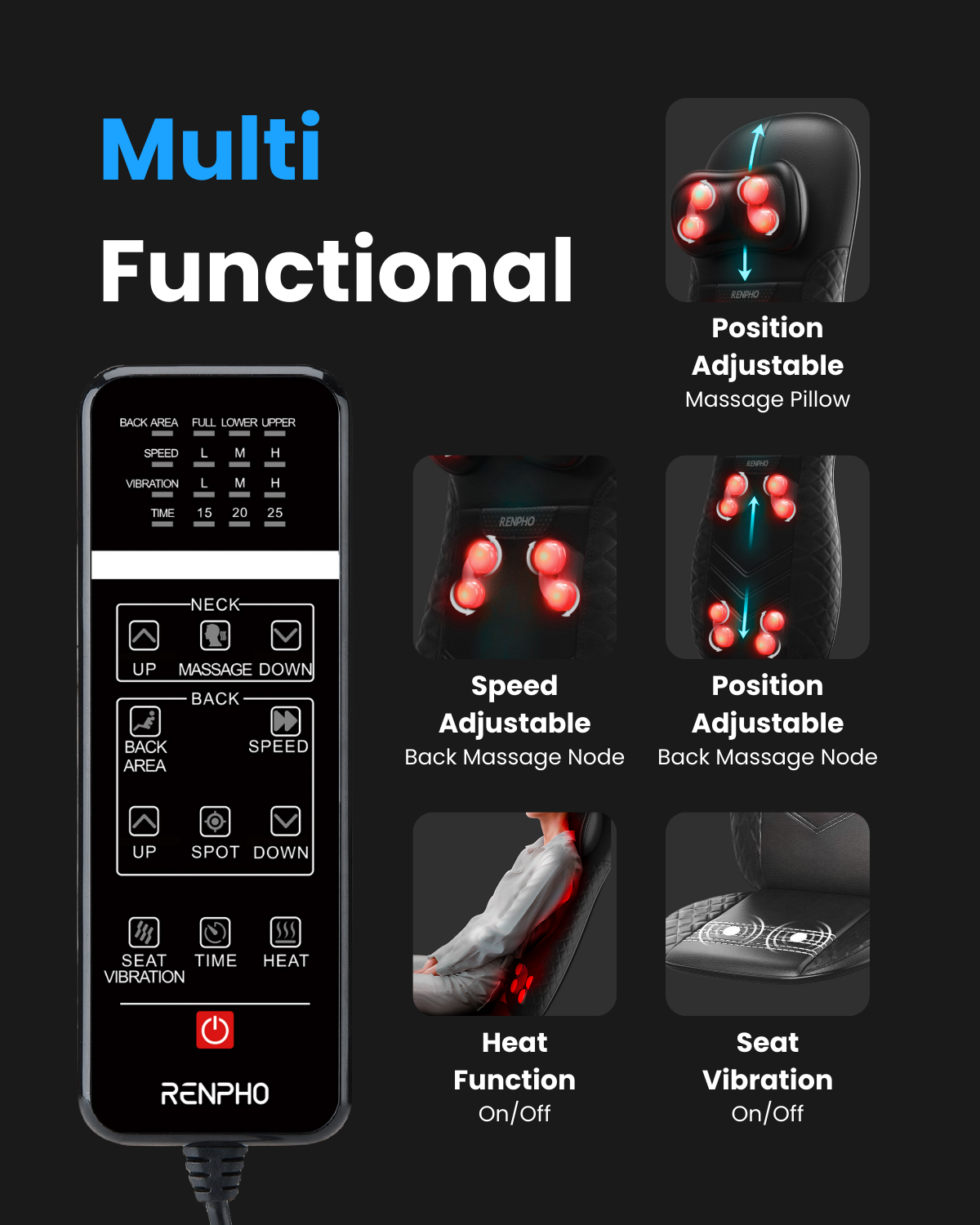 Fitlybuy black massage chair showing remote features, adjustable Shiatsu neck/back nodes, heat, and seat vibration.