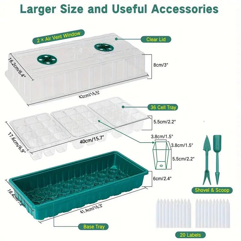 Fitlybuy 36-cell seed starter kit with clear humidity dome, base tray, dimensions, tools, and plant labels.
