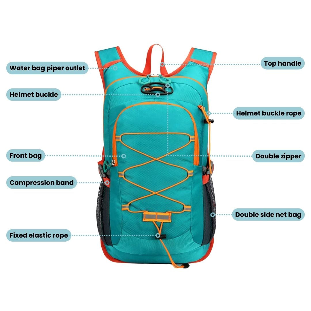 Fitlybuy waterproof teal and orange cycling backpack with diagrams pointing to helmet buckles, zippers, and side pockets.