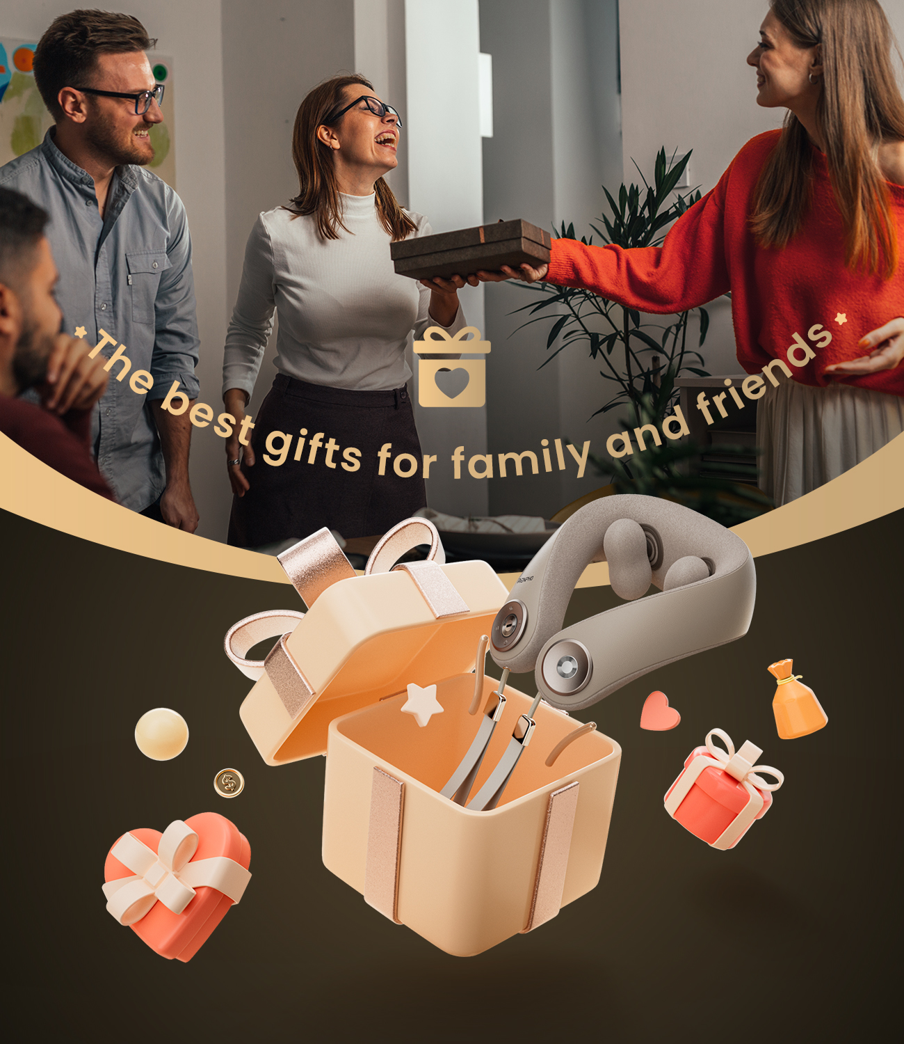 Fitlybuy U-Neck mini massager with heat therapy, shown floating above a gift box with friends socializing in background.