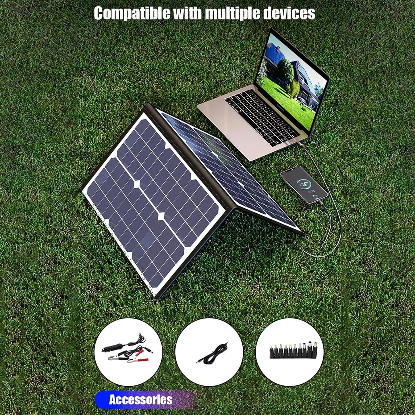 Fitlybuy SolaraX foldable solar panel charging a laptop and smartphone on grass with included adapter accessories.