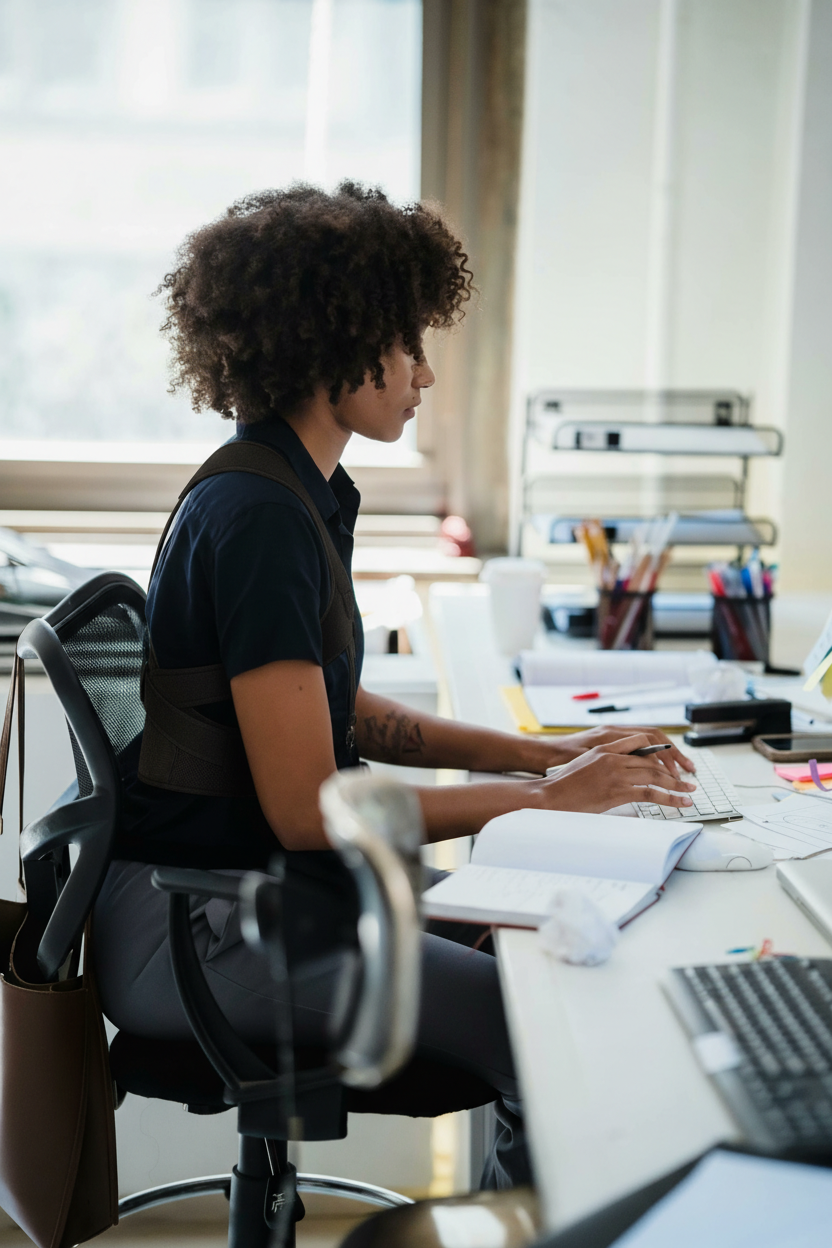 A woman wears a black Fitlybuy Posture Corrector Pro while working at an office desk to improve her posture.
