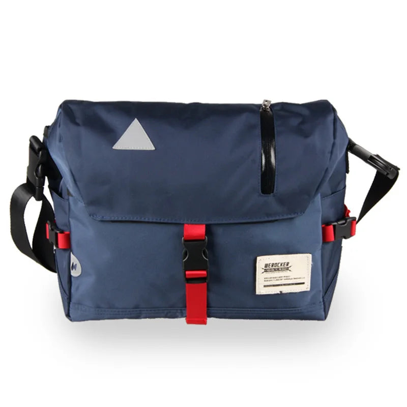 Blue Fitlybuy Luke water-resistant messenger bag with red buckle straps, side clips, and a front zip pocket.