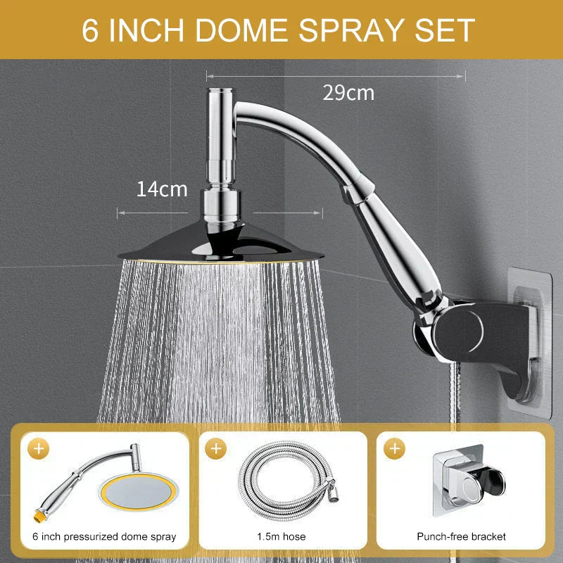 Fitlybuy chrome 6-inch dome rain shower head with hose and punch-free wall bracket, demonstrating water-saving spray.