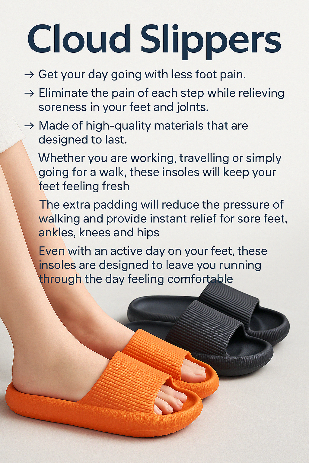Fitlybuy orange and black ribbed memory foam cloud slippers on a person's feet, promoting relief and foot comfort.
