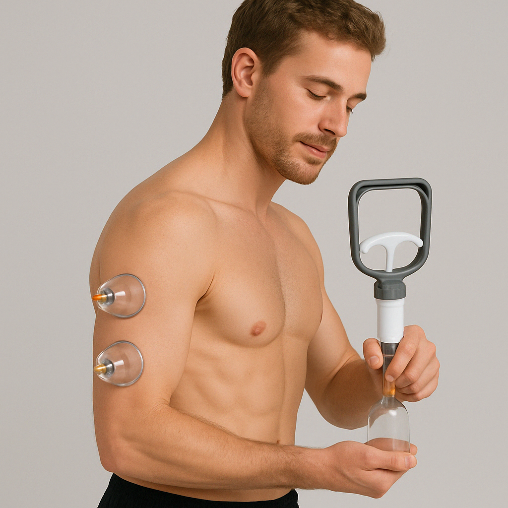 A man using a Fitlybuy professional cupping therapy set with a grey suction pump and clear cups on his arm.