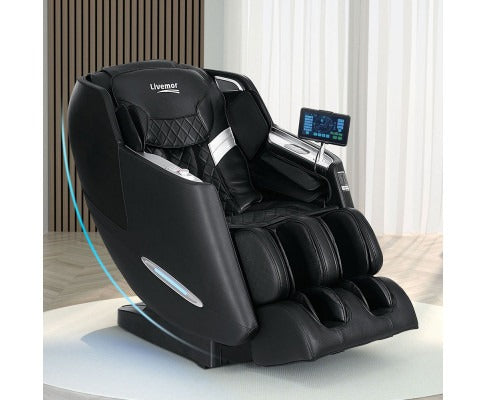 Fitlybuy luxury black electric massage chair with digital screen control, reclined in a modern living space.