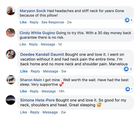 Social media comment section praising Fitlybuy Dream Align memory foam pillow for neck pain relief and better sleep.