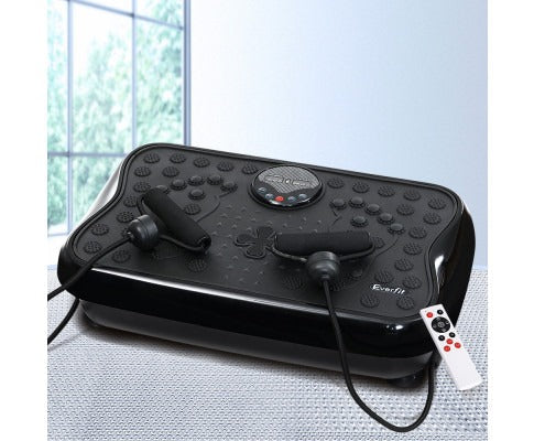 Black Fitlybuy Everfit vibration platform with resistance bands, digital display, and remote control on a textured mat.