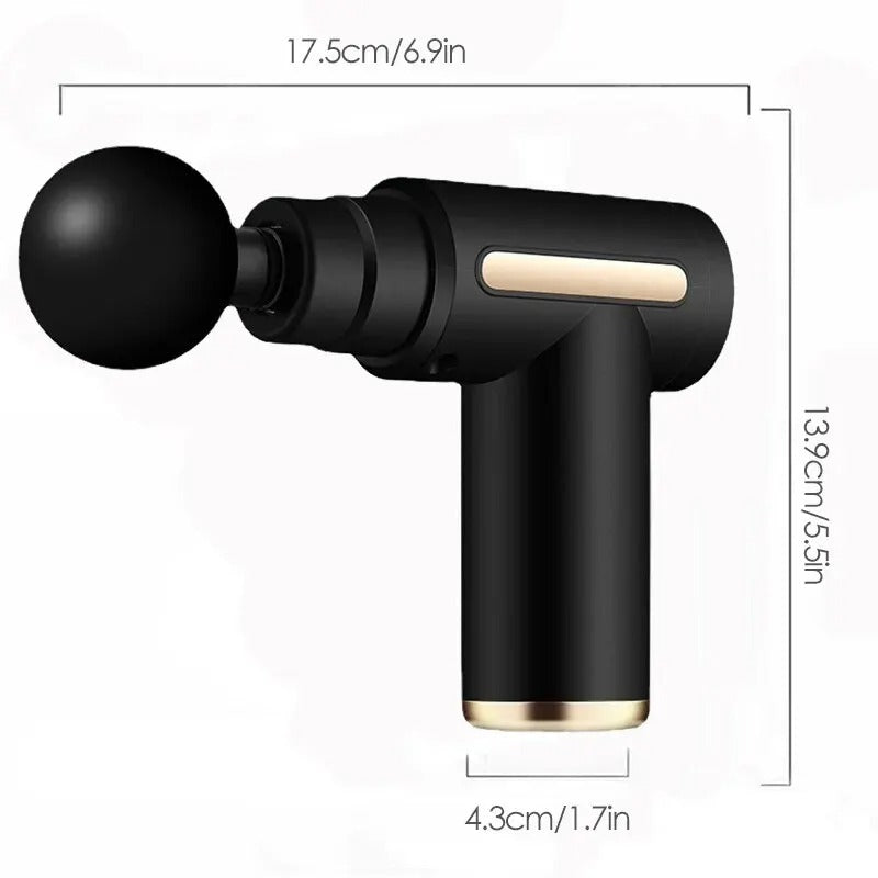 Black Fitlybuy fascial massage gun with gold accents and a ball attachment, showing physical dimensions for scale.