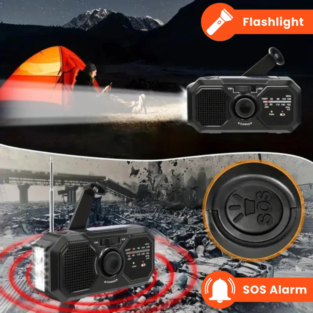 Fitlybuy black portable emergency radio featuring hand crank, solar power, integrated flashlight, and SOS alarm functions.