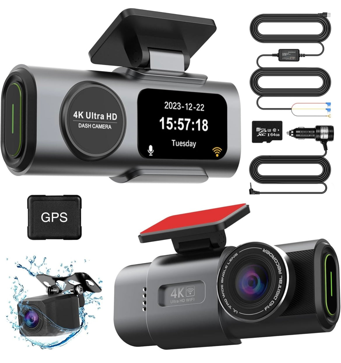 TrailVision 4K Wifi Dual Front And Rear Dash Cam With 64GB Memory Card