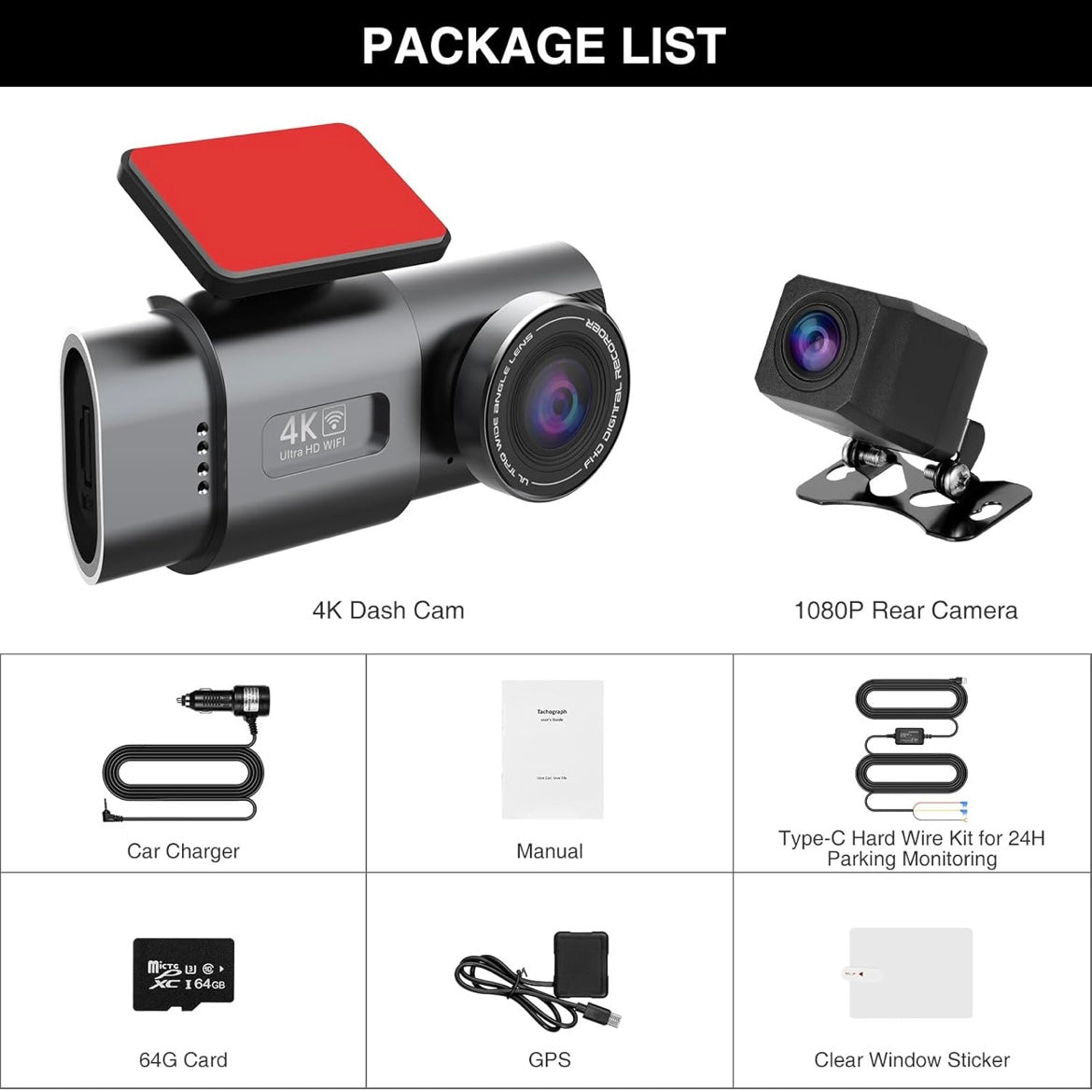 TrailVision 4K Wifi Dual Front And Rear Dash Cam With 64GB Memory Card