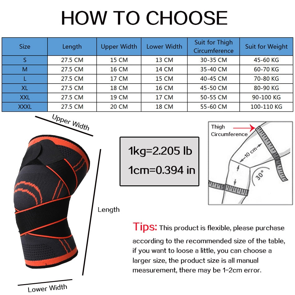 Fitlybuy knee brace sizing chart showing black and orange compression sleeve, measurements, and weight guide.