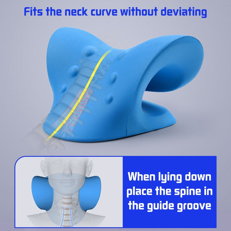 Blue Fitlybuy ergonomic neck and shoulder stretcher with a spine alignment groove, shown in use with posture diagrams.