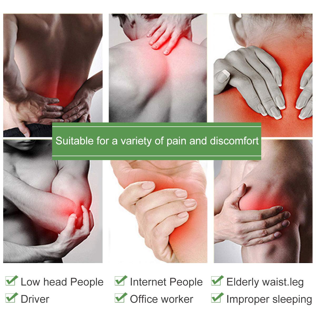 Fitlybuy Wormwood Pain Relief Patches shown applied to red, painful body areas on a collage of people in discomfort.