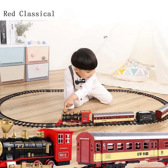 Child playing with a red and black HO scale train set on an oval track; includes smoke and light features.