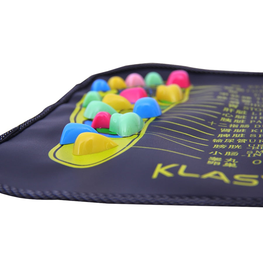 Fitlybuy reflexology mat with colorful stone-like pressure points on a foot-shaped chart for acupressure massage.