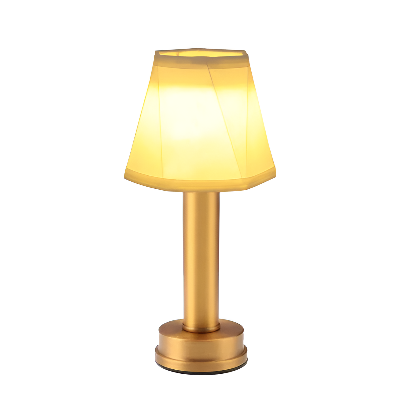 Fitlybuy gold vintage table lamp with a geometric fabric shade glowing on a white background.
