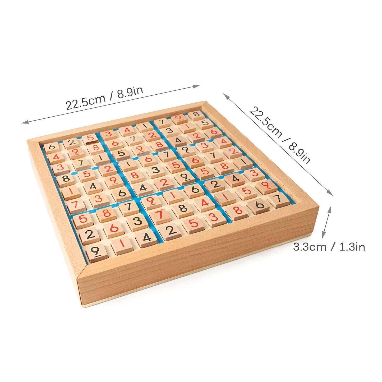 Fitlybuy wooden Sudoku board with red numbered tiles, showing 8.9-inch square dimensions and 1.3-inch depth.