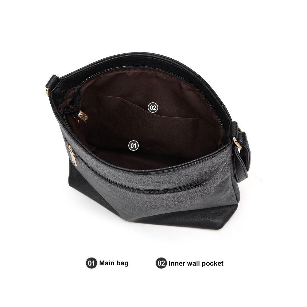 Fitlybuy Nina black leather crossbody bag open to show the spacious main compartment and interior wall pocket.