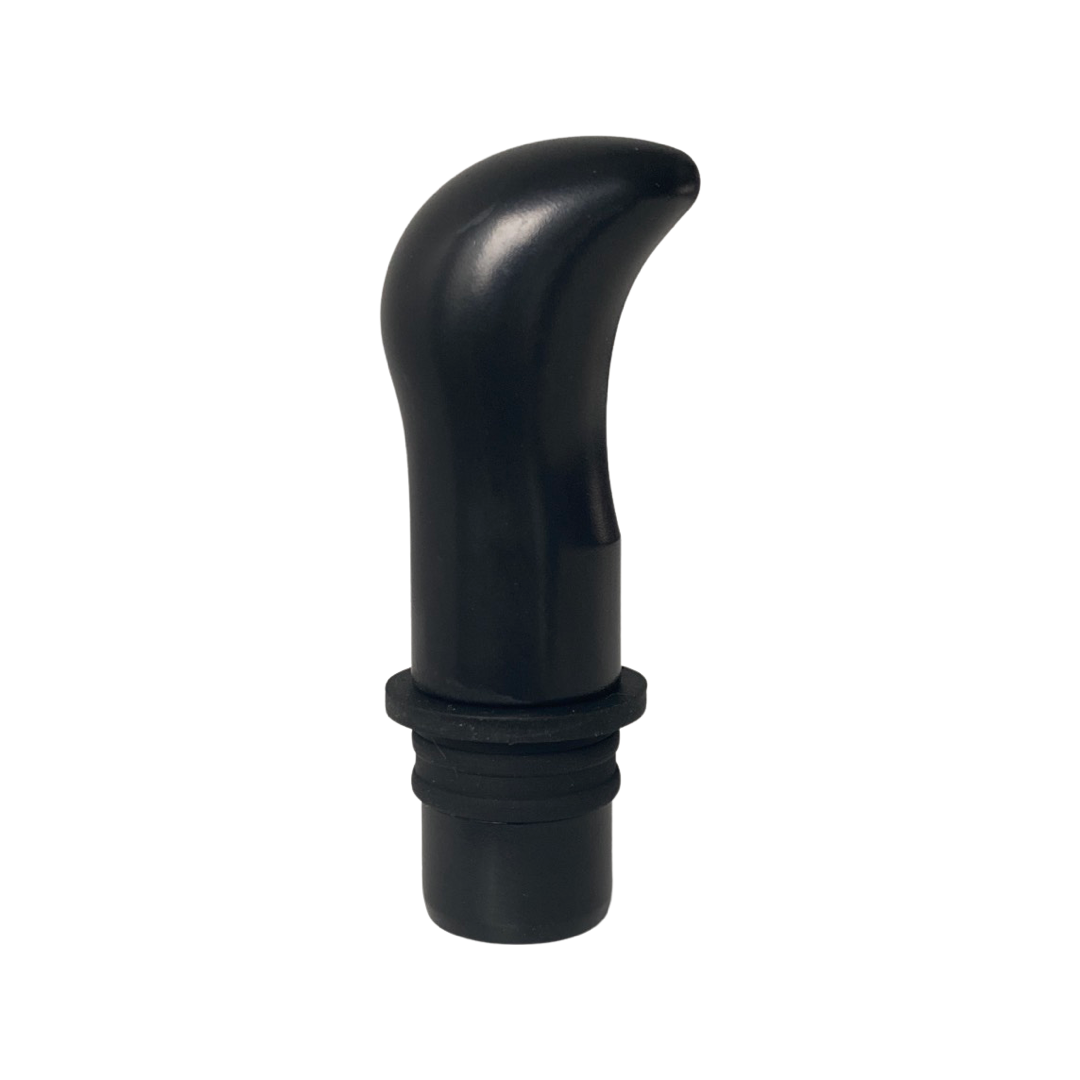 Black FlexiTech ergonomic massage gun replacement attachment head with a curved, pointed tip on a white background.