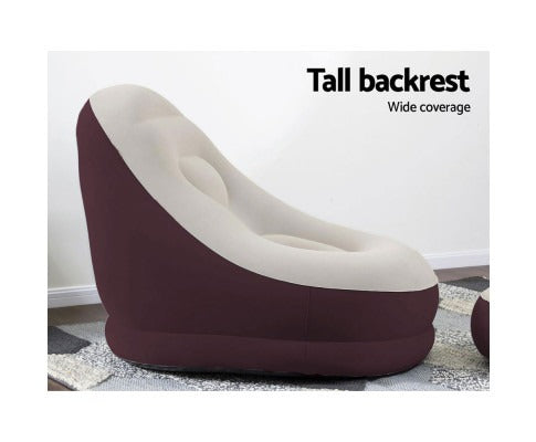 Fitlybuy inflatable air chair with a dark maroon base, beige seat, and tall ergonomic backrest on a patterned rug.