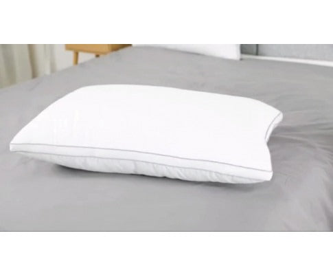 Fitlybuy white king size comfort foam pillow with grey piped edges, resting on a bed with a grey duvet.