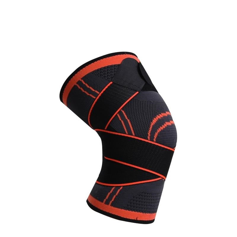 Fitlybuy black and orange compression knee brace with wrap-around support straps for fitness and joint stabilization.