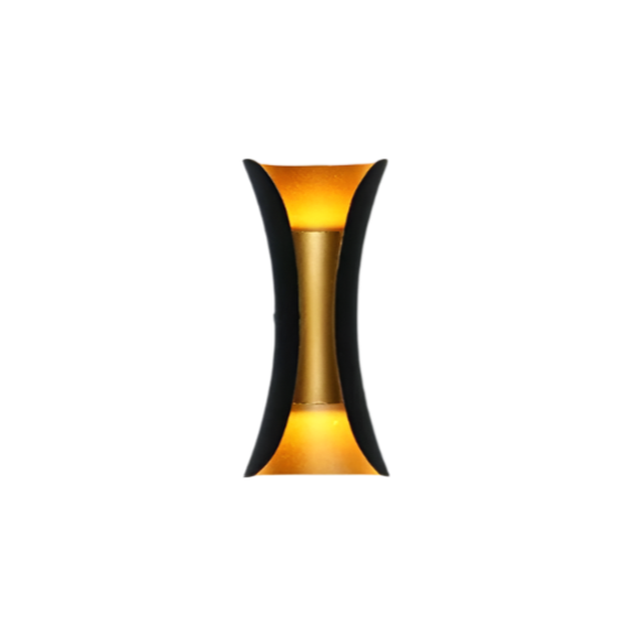 Fitlybuy Lumio modern curved wall light, sleek black exterior, gold interior with warm, glowing LED light.