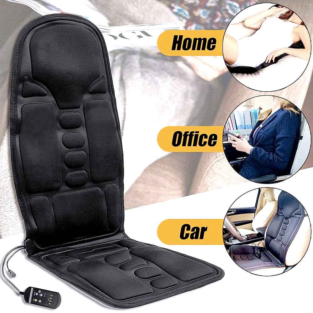 Black Fitlybuy heated massage chair pad with remote, showing use cases in home, office, and car settings.