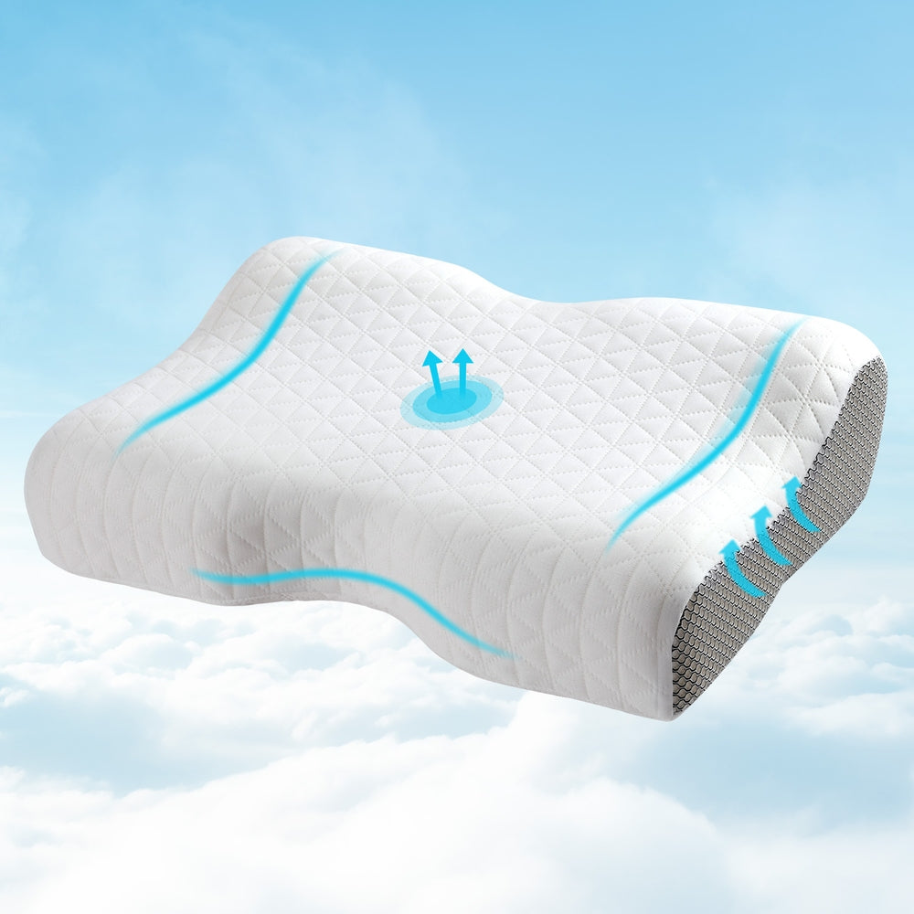 Fitlybuy ergonomic white memory foam contour pillow with grey sides, shown floating against a blue sky background.