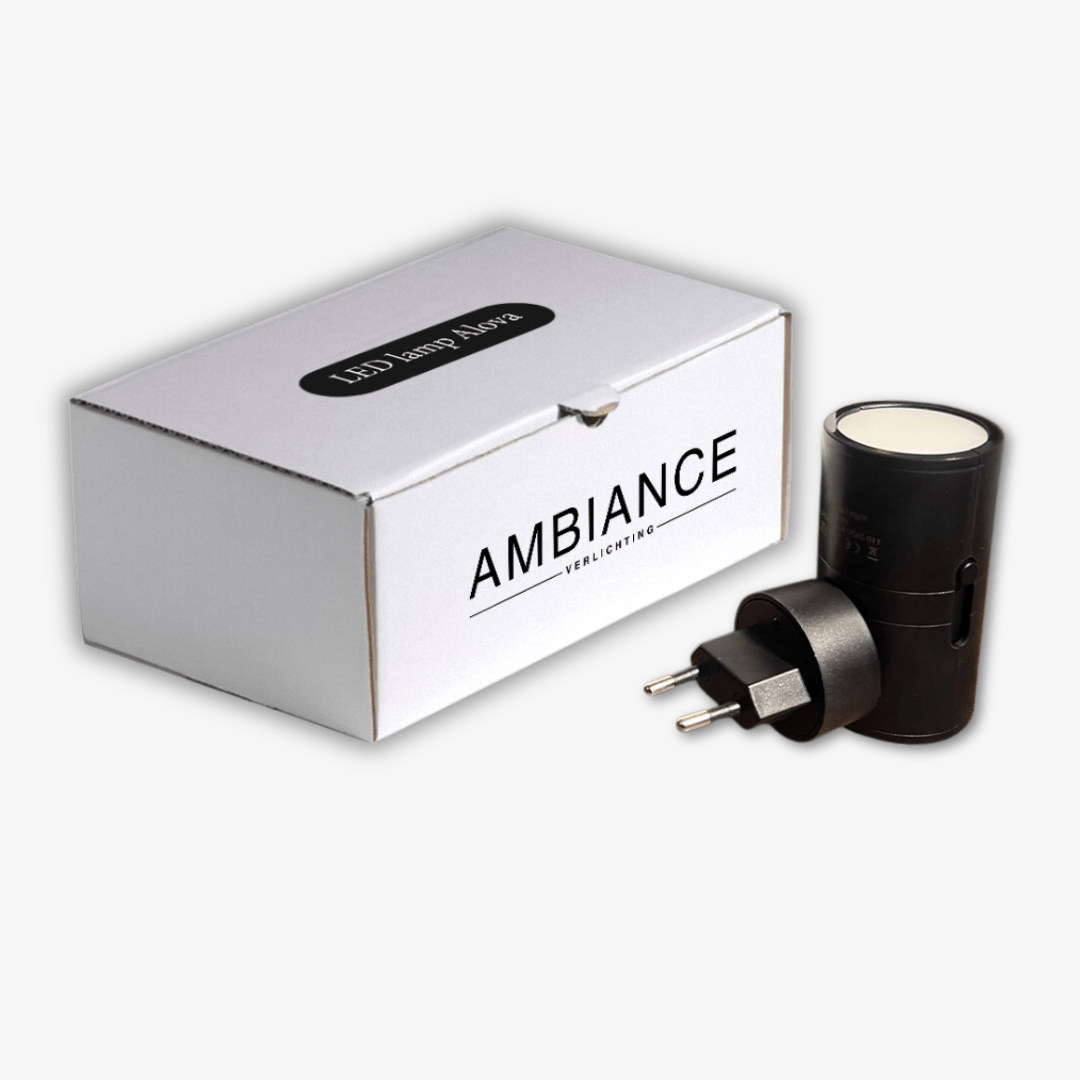 Fitlybuy Alova black LED plug-in wall light with sensor and its white branded product box.