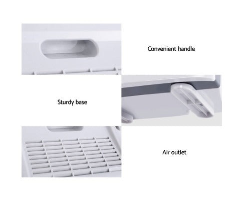 Fitlybuy Air Purifier X100 showing white finish, built-in carry handle, sturdy base, and air outlet vent details.